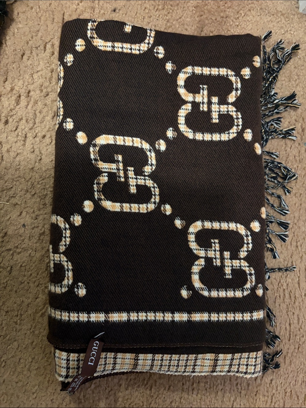 Gucci Brown and Cream GG Interlocking Logo Scarf with Fringe